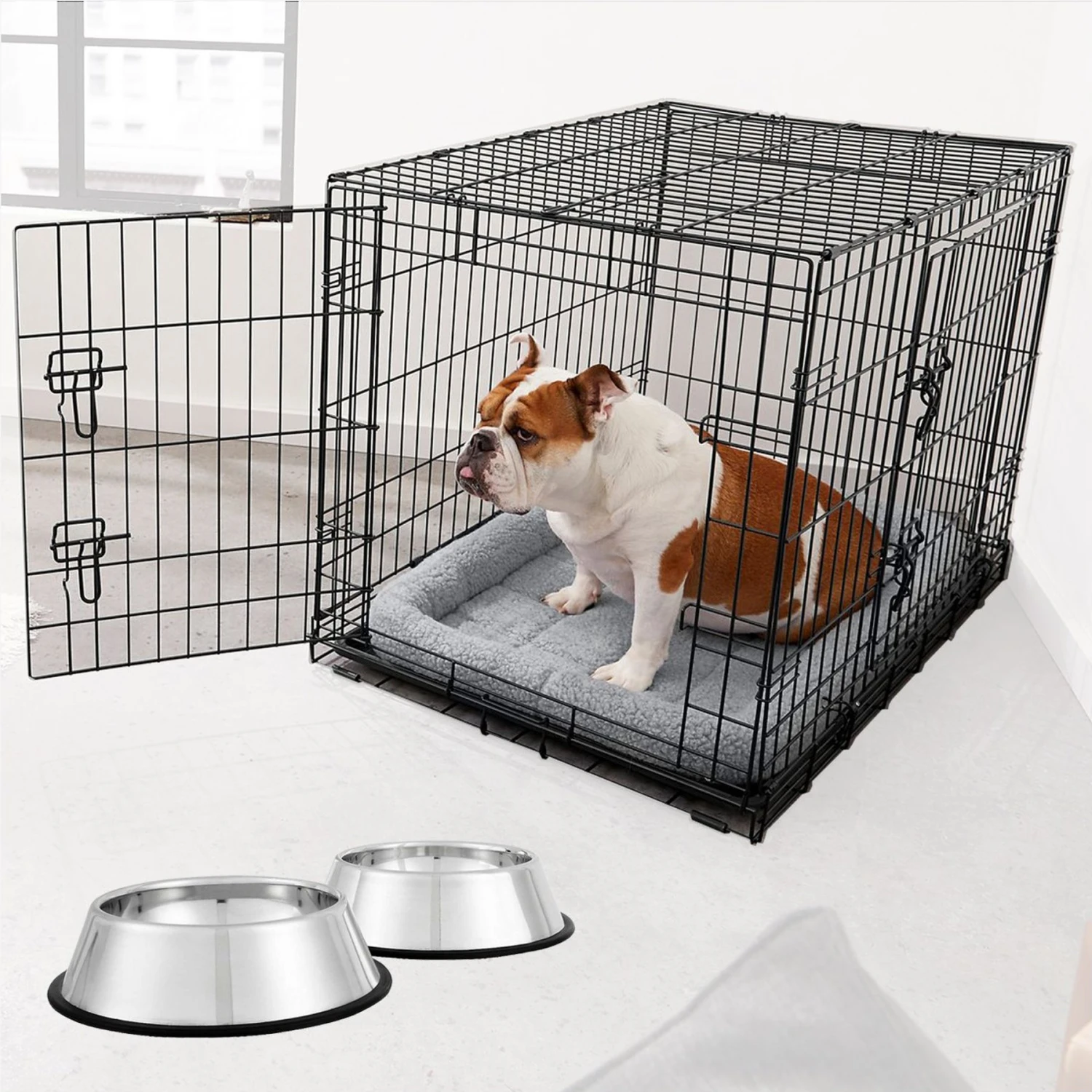Frisco Fold & Carry Double Door Collapsible Wire Dog Crate & Mat Kit & Frisco Stainless Steel Bowl 3 Frisco Fold & Carry Double Door Collapsible Wire Dog Crate & Mat Kit & Frisco Stainless Steel Bowl