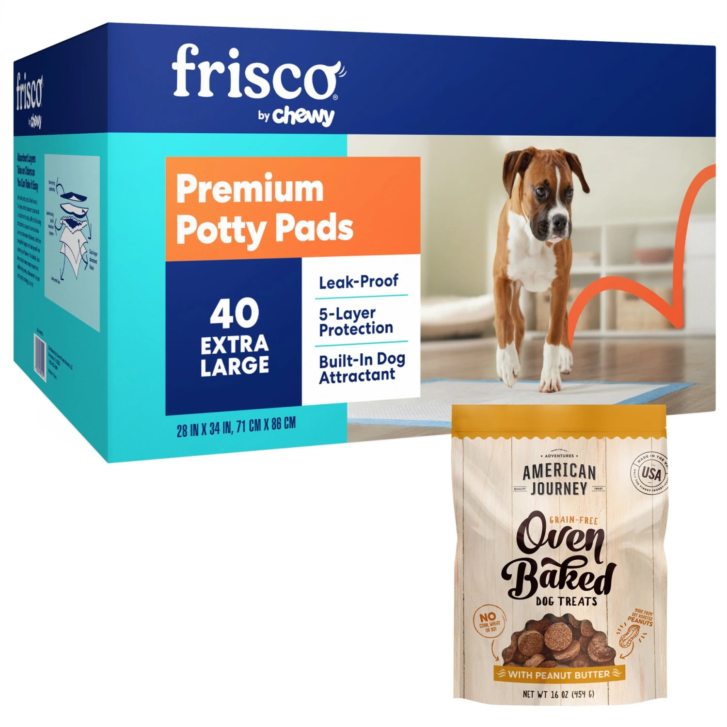 Frisco Premium Extra Large Dog Training & Potty Pads & American Journey Peanut Butter Recipe Grain-Free Oven Baked Crunchy Biscuit Dog Treats 3 Frisco Premium Extra Large Dog Training & Potty Pads & American Journey Peanut Butter Recipe Grain-Free Oven Baked Crunchy Biscuit Dog Treats