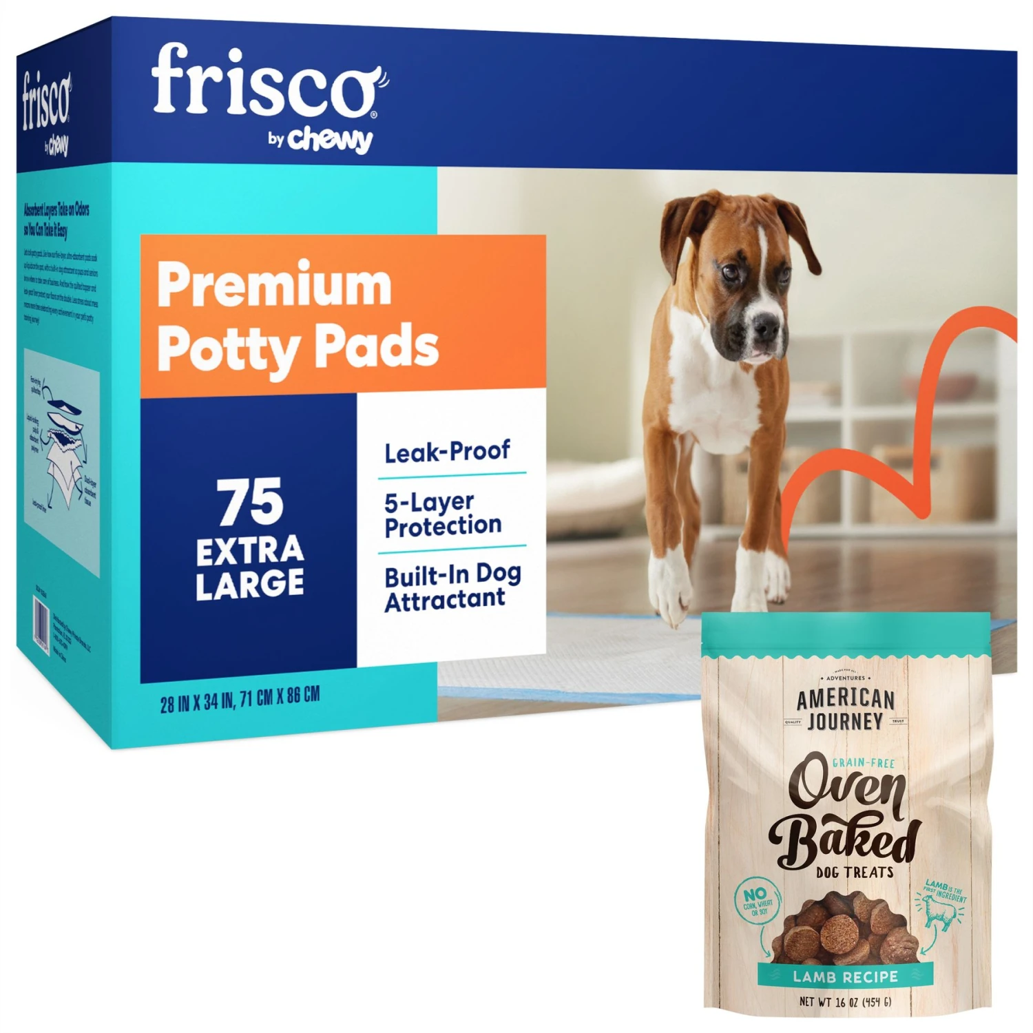 Frisco Premium Extra Large Dog Training & Potty Pads & American Journey Lamb Recipe Grain-Free Oven Baked Crunchy Biscuit Dog Treats 3 Frisco Premium Extra Large Dog Training & Potty Pads & American Journey Lamb Recipe Grain-Free Oven Baked Crunchy Biscuit Dog Treats