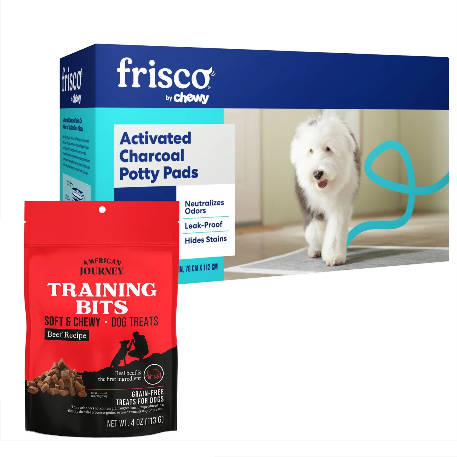 Frisco Giant Charcoal Dog Training & Potty Pads & American Journey Beef Recipe Grain-Free Soft & Chewy Training Bits Dog Treats 3 Frisco Giant Charcoal Dog Training & Potty Pads & American Journey Beef Recipe Grain-Free Soft & Chewy Training Bits Dog Treats